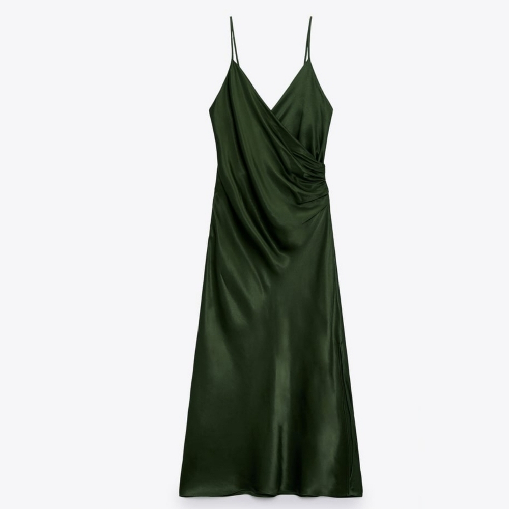 Zara Draped Lingerie-Style  Camisole Dress Green Sz: XSMALL
